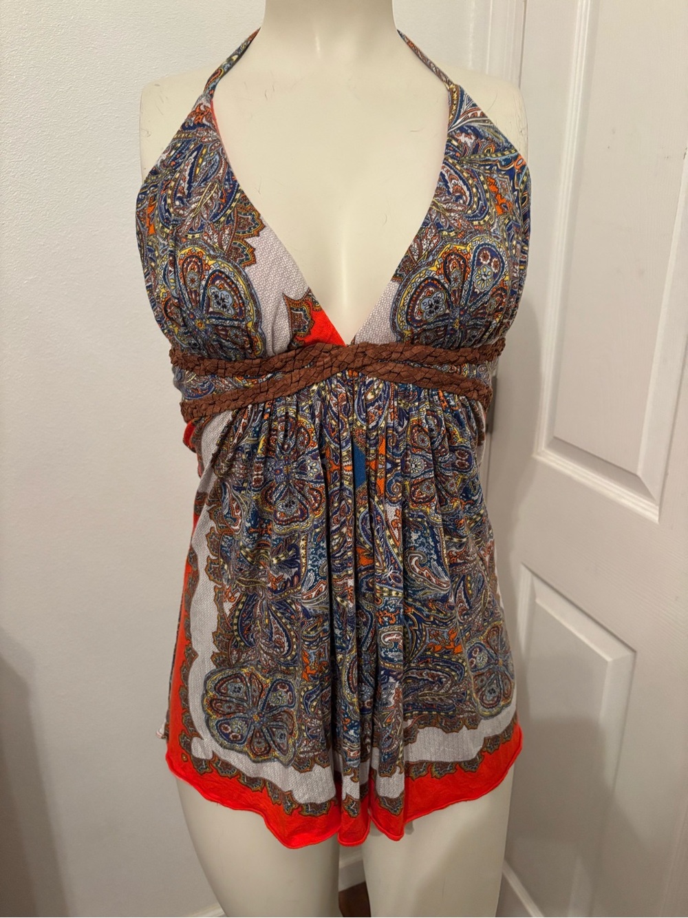 Sky Boho Paisley Halter Tank Top with Braided Waist L